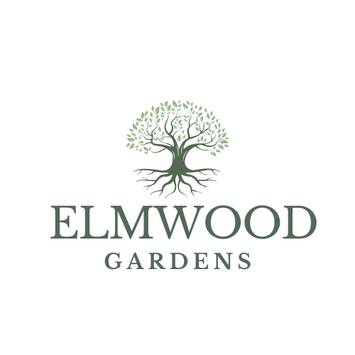 A logo for Elmwood Gardens featuring a tree with green leaves and roots.